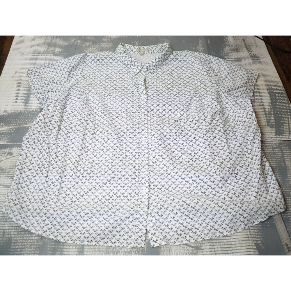 Woman Within blouse women 5X short sleeve white blue printed cotton button up